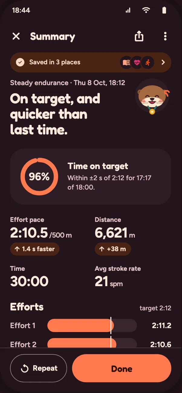 Summary of a steady row: 96% of the time on target, effort pace 2:10.5 per 500 m, 6,621 m in 30:00, the efforts’ paces.
