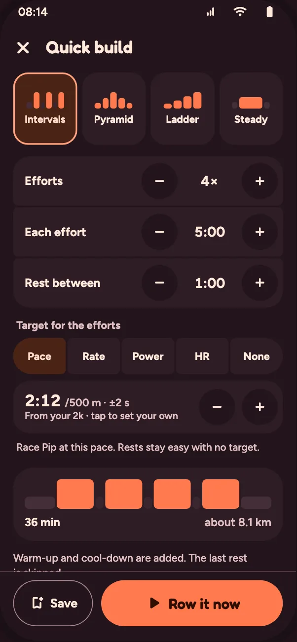 Quick build: four efforts of 5:00 at 2:12 per 500 m, 1:00 rest between, 36 min, about 8.1 km.