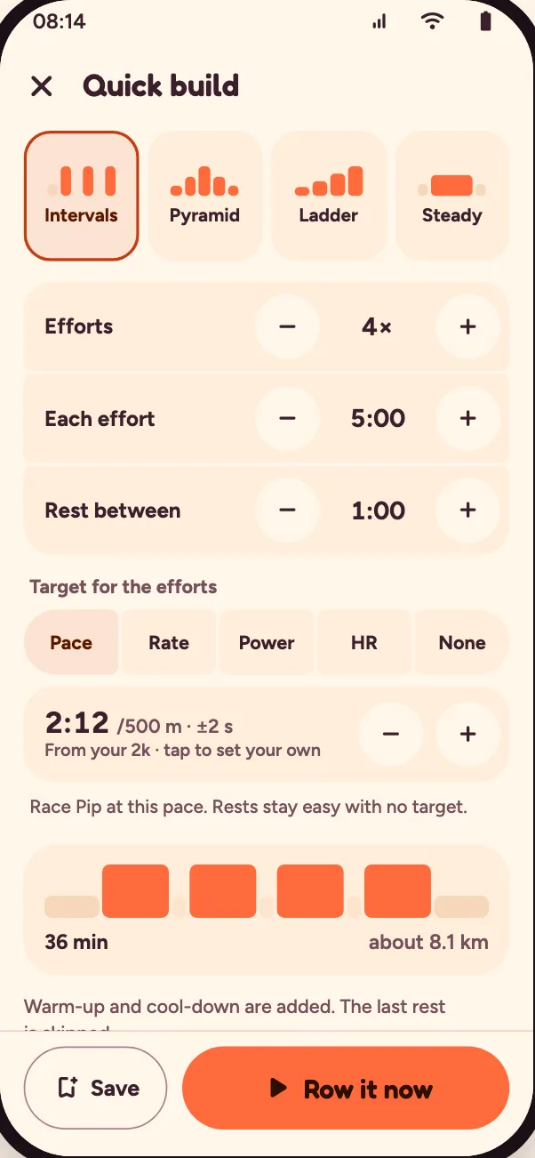 Quick build: four efforts of 5:00 at 2:12 per 500 m, 1:00 rest between, 36 min, about 8.1 km.