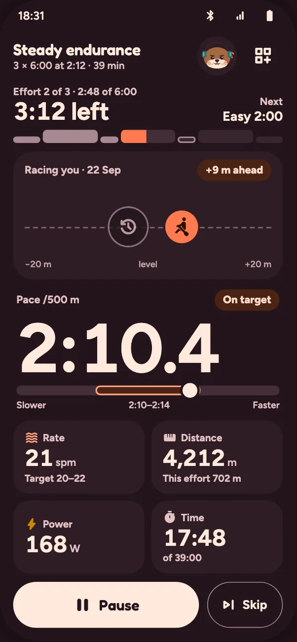 Live row racing your last row: 9 m ahead, pace 2:10.4, on target.