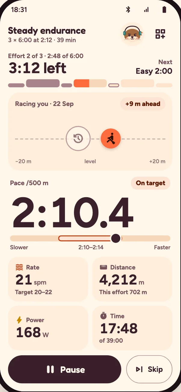 Live row racing your last row: 9 m ahead, pace 2:10.4, on target.