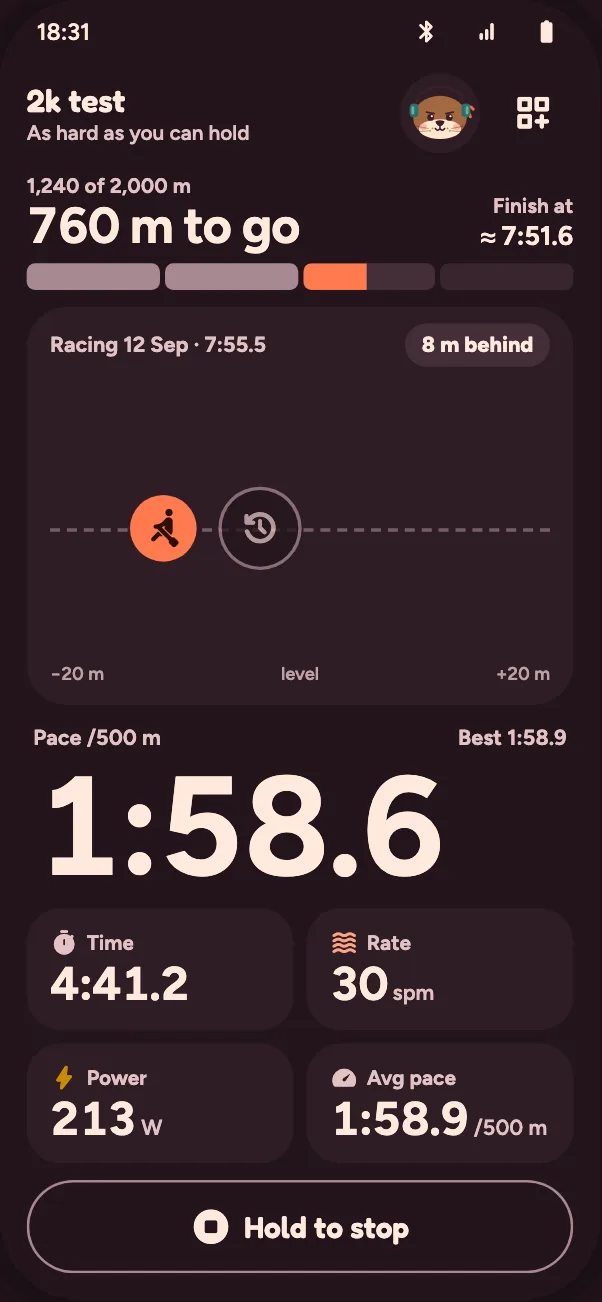 A 2,000 m test racing your best: 8 m behind, 1,240 of 2,000 m done, pace 1:58.6 per 500 m.