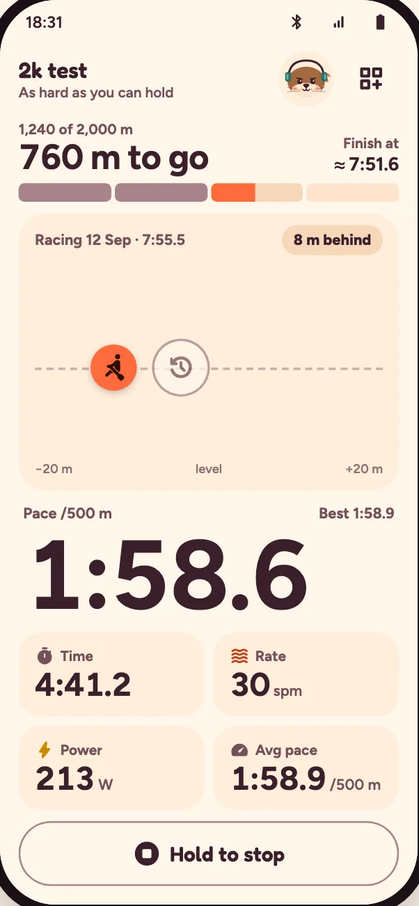 A 2,000 m test racing your best: 8 m behind, 1,240 of 2,000 m done, pace 1:58.6 per 500 m.