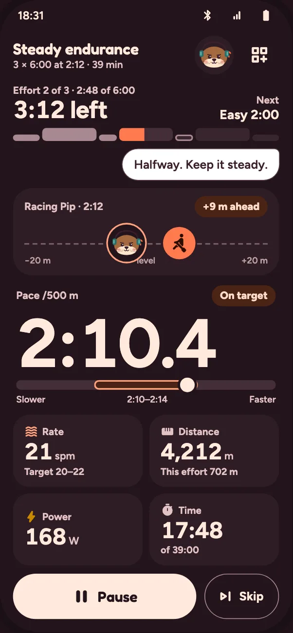 Live row with Pip: racing Pip 9 m ahead, pace 2:10.4, on target. Pip says: “Halfway. Keep it steady.”