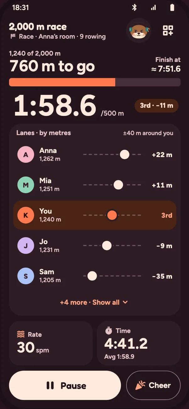 Row together and races. A 2,000 m race with nine rowers: you are third at 1,240 m, with the rowers near you in lanes by metres.