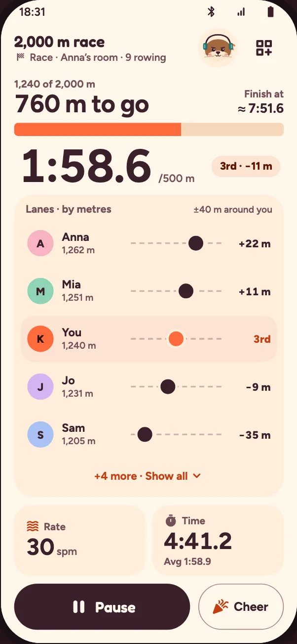 Row together and races. A 2,000 m race with nine rowers: you are third at 1,240 m, with the rowers near you in lanes by metres.